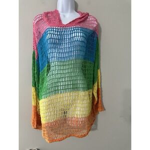 Current Mood Dolls Kill Sorbet Shortie Crochet Rainbow Hoodie NWOT Size L
